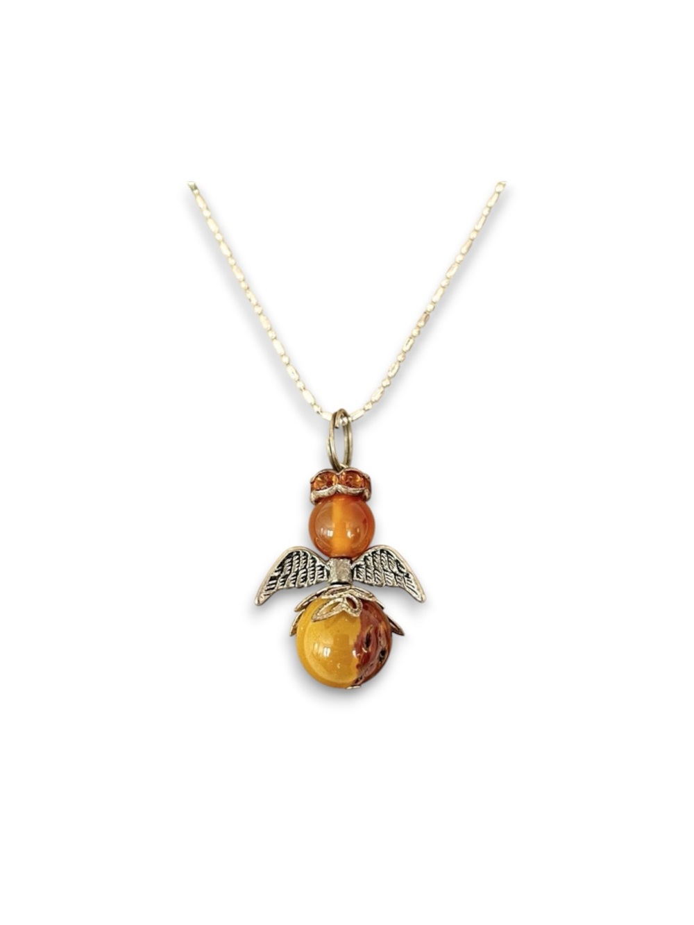 Angel Bead Charm Necklace 17in Silver Tone Ball & Bar Chain Amber Color